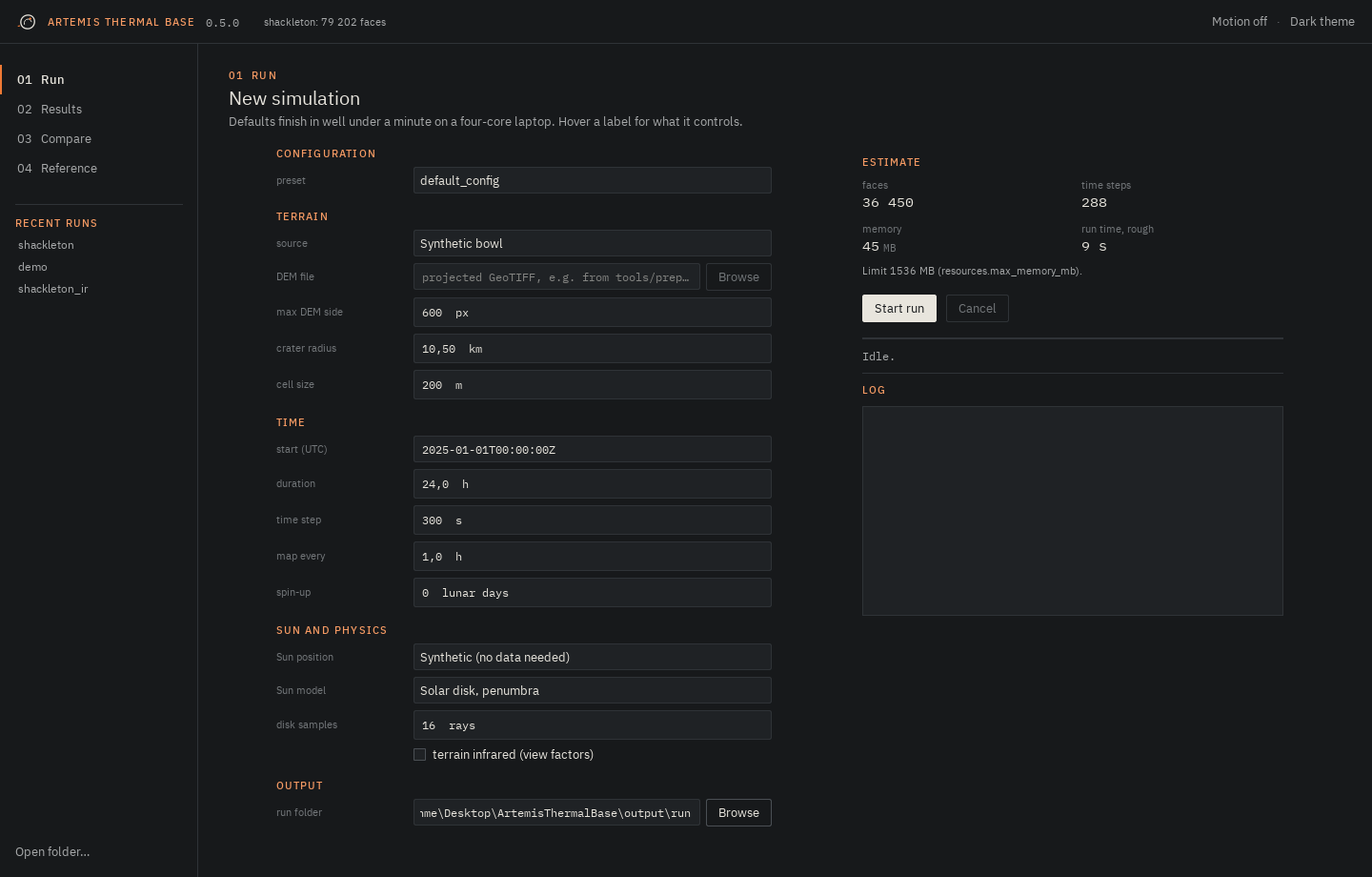 The Run page in the dark theme: form on the left, estimate, progress and log on the right